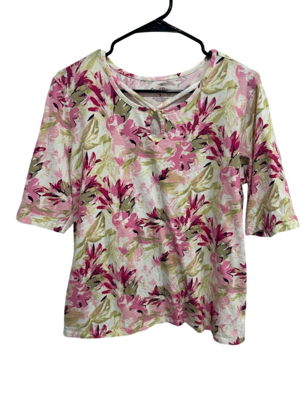 Coral Bay Large Floral Print Keyhole Neckline 3/4 Sleeve Top Gardencore Whimsica